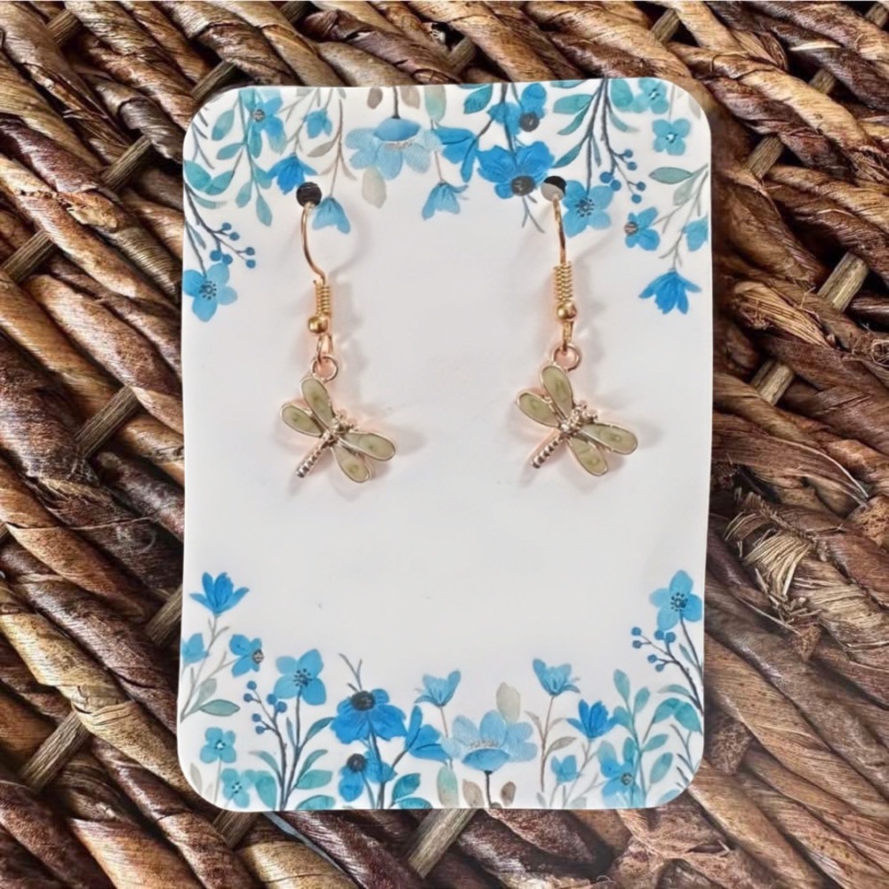 New Handmade Petite Gold-Tone and Green Dragonfly Dangle Earrings
